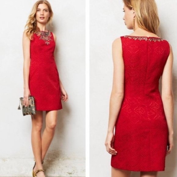 Anthropologie Moulinette Soeurs Toulouse Red Embellished Dress Size 8 - Picture 4 of 16